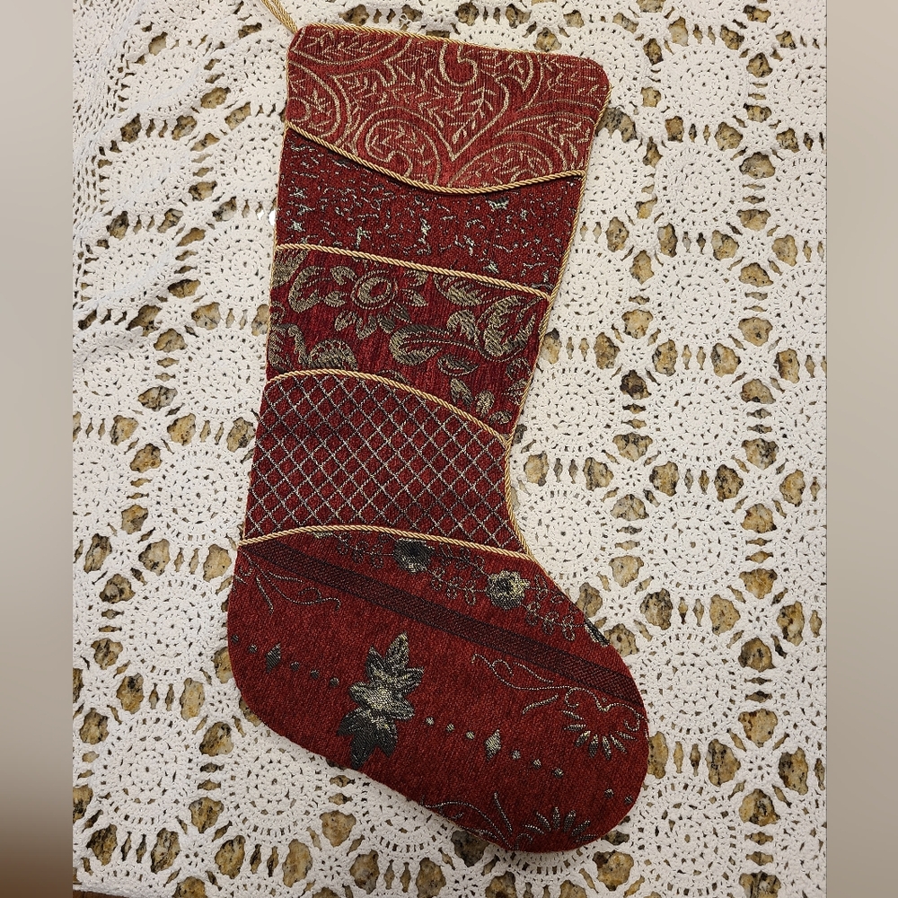 Vintage Dan Dee Christmas Stocking Jacquard Brocade Gold Roping 21" Pockets
